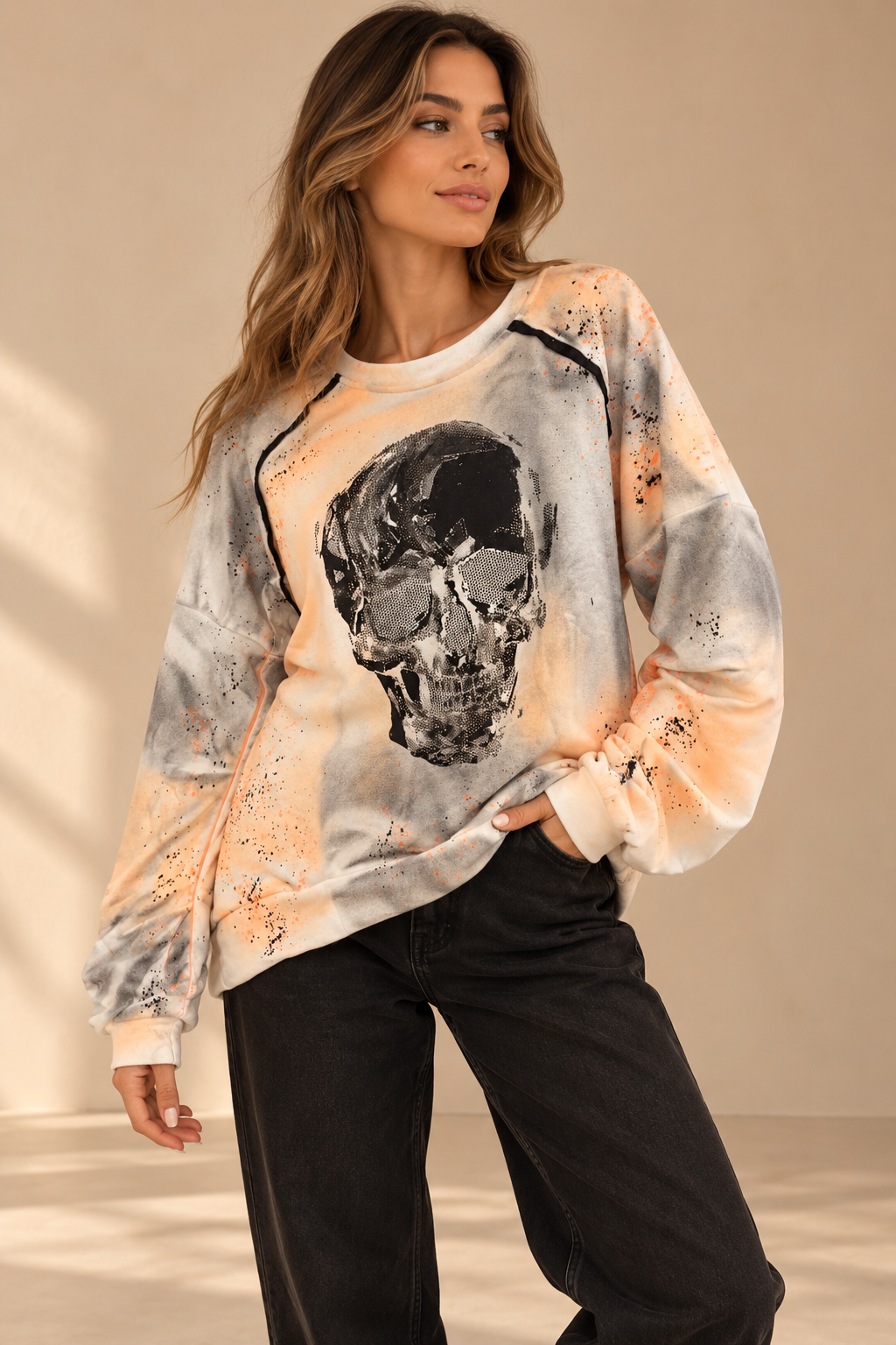 91756 KURUKAFA DESENLİ OVERSİZE SWEATSHIRT