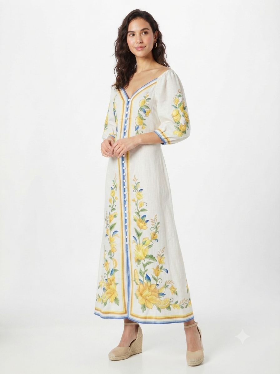 93897 SARI ÇİÇEK DESENLİ ELBİSE