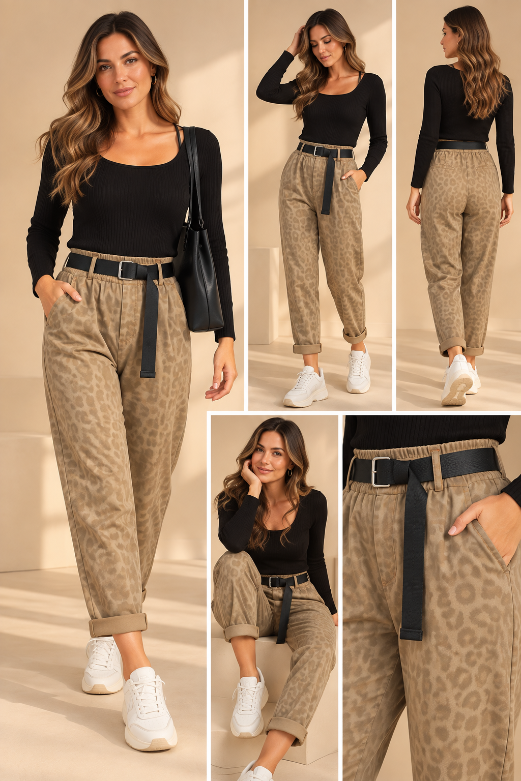 92272 LEOPAR DESEN SUNİ DERİ PANTOLON BEJ