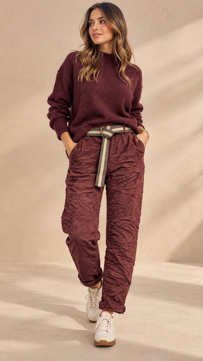 7654549 İTALYAN KIRIŞIK KADİFE KUMAŞ PANTOLON BORDO