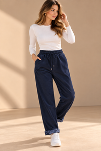 9487032 İTALYAN İÇİ EKOSE DETAYLI FİTİLLİ KADİFE PANTOLON LACİVERT