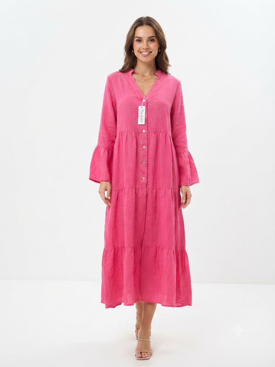 84949 ITALY KETEN DÜĞME DETAYLI ELBİSE PEMBE