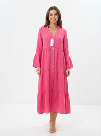 84949 ITALY KETEN DÜĞME DETAYLI ELBİSE PEMBE