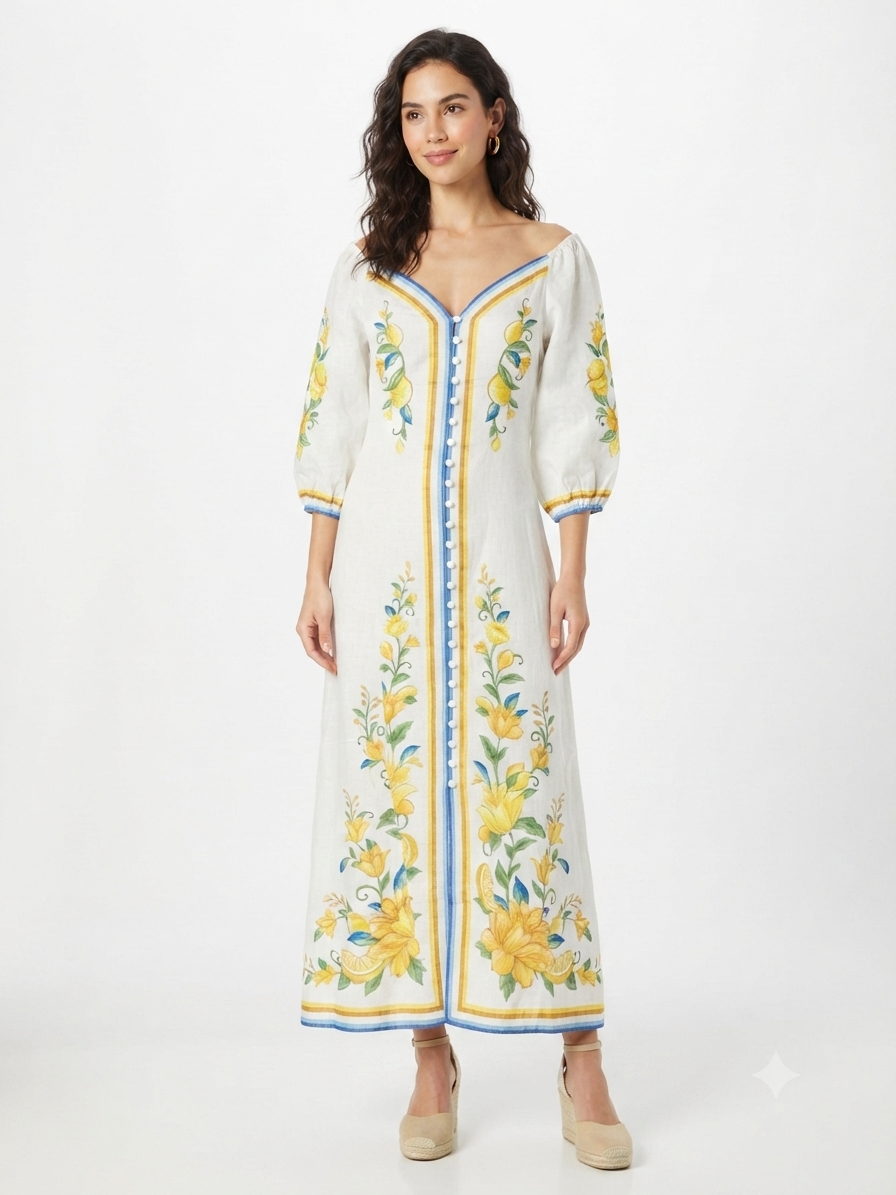 93897 SARI ÇİÇEK DESENLİ ELBİSE
