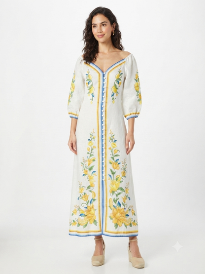 93897 SARI ÇİÇEK DESENLİ ELBİSE