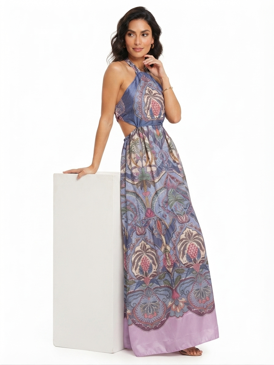 93897 SATEN DESENLİ ELBİSE