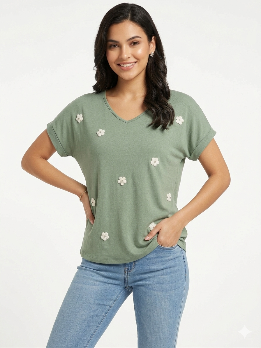 84680 ITALY ÇİÇEKLİ T-SHIRT YEŞİL