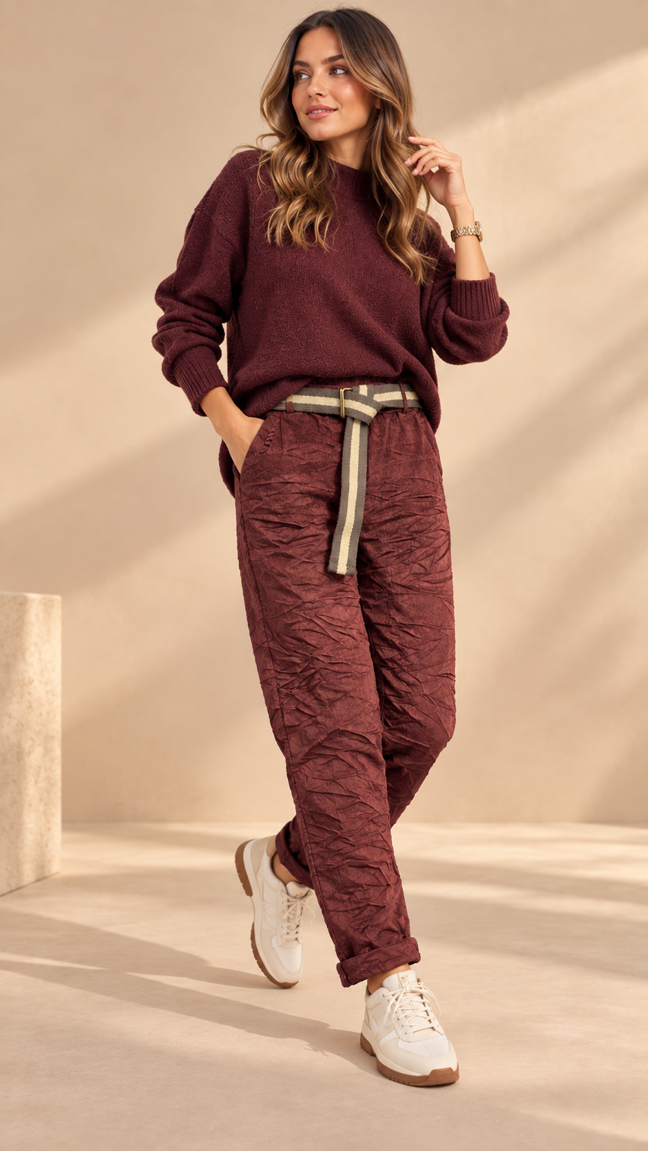 7654549 İTALYAN KIRIŞIK KADİFE KUMAŞ PANTOLON BORDO