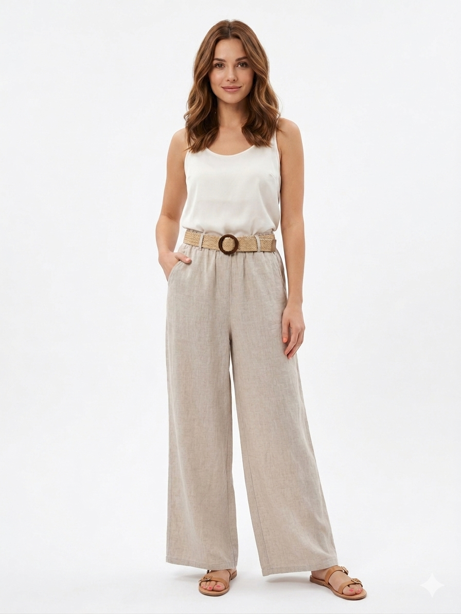 93989 ITALY HASIR KEMERLİ KETEN PANTOLON BEJ