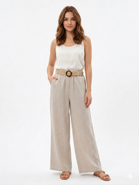 93989 ITALY HASIR KEMERLİ KETEN PANTOLON BEJ