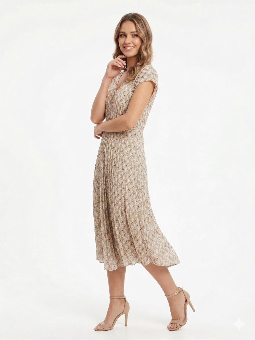 80385 YAPRAK DESEN KISA ELBİSE BEJ