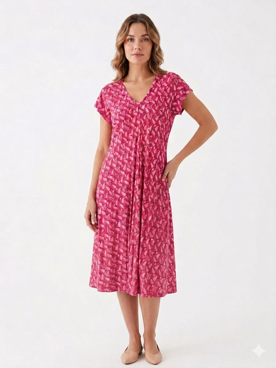 80385 YAPRAK DESEN KISA ELBİSE PEMBE