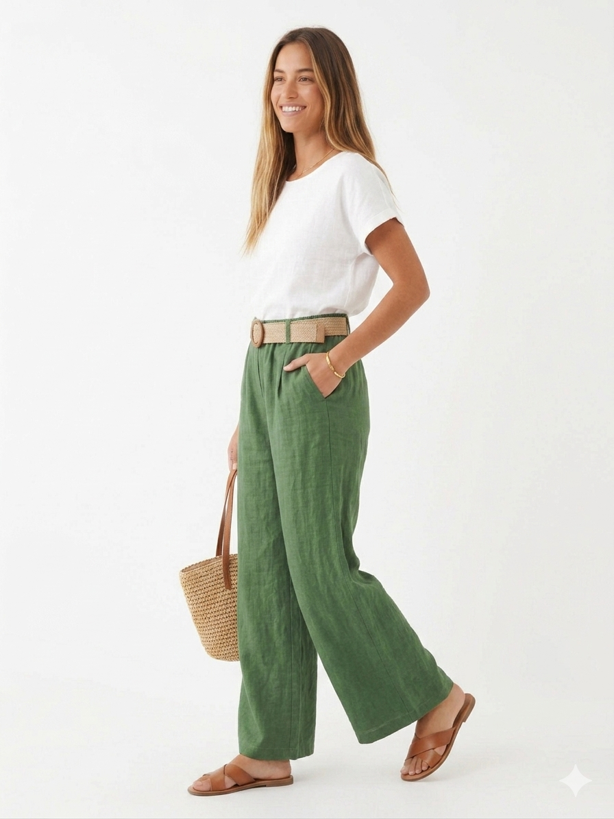 93989 ITALY HASIR KEMERLİ KETEN PANTOLON