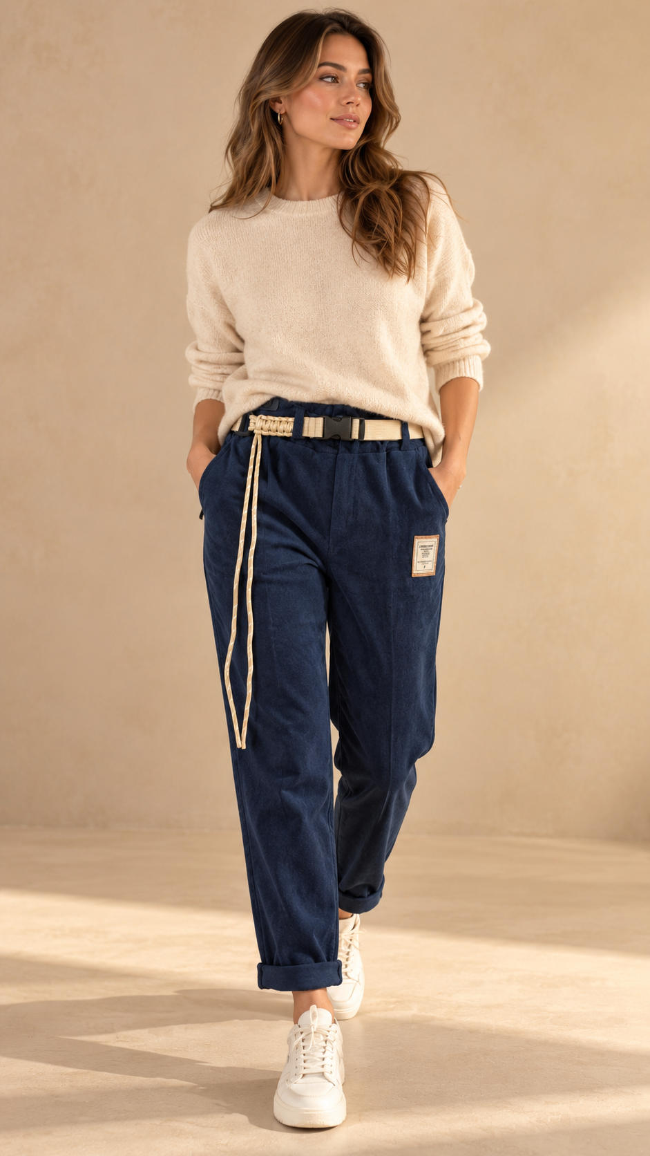 6557962 İTALYAN KLİPS KEMERLİ FİTİLLİ KADİFE PANTOLON LACİVERT