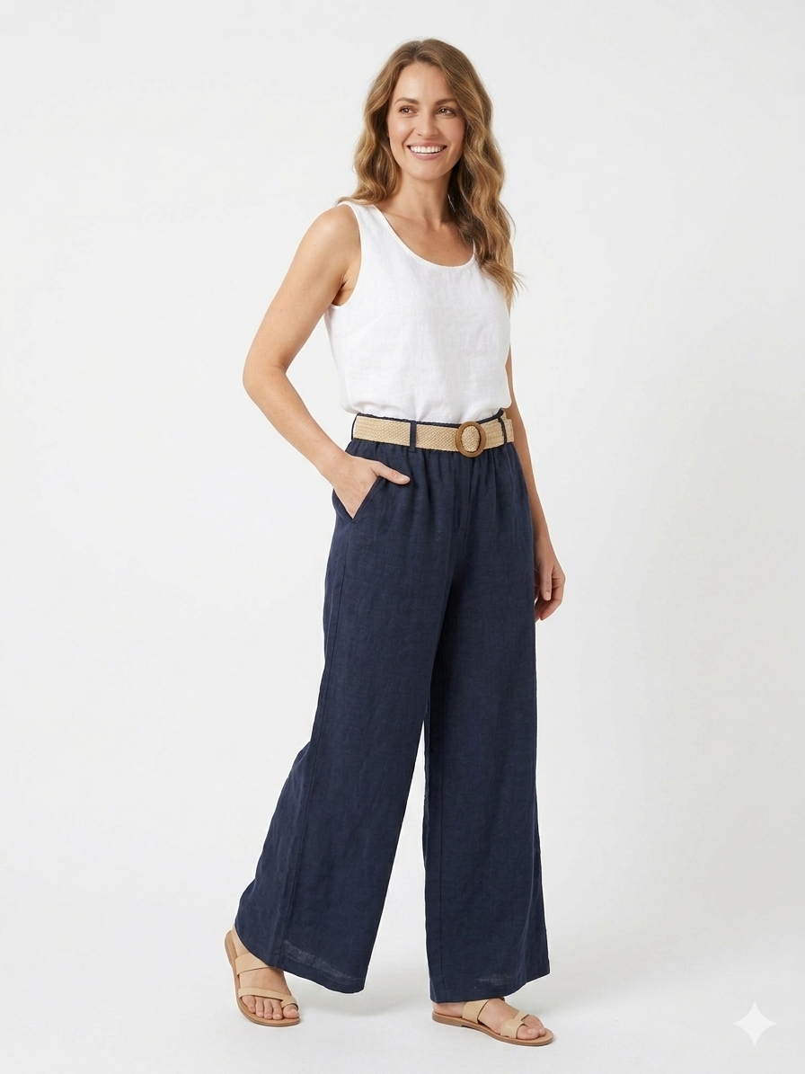 93989 ITALY HASIR KEMERLİ KETEN PANTOLON LACİVERT