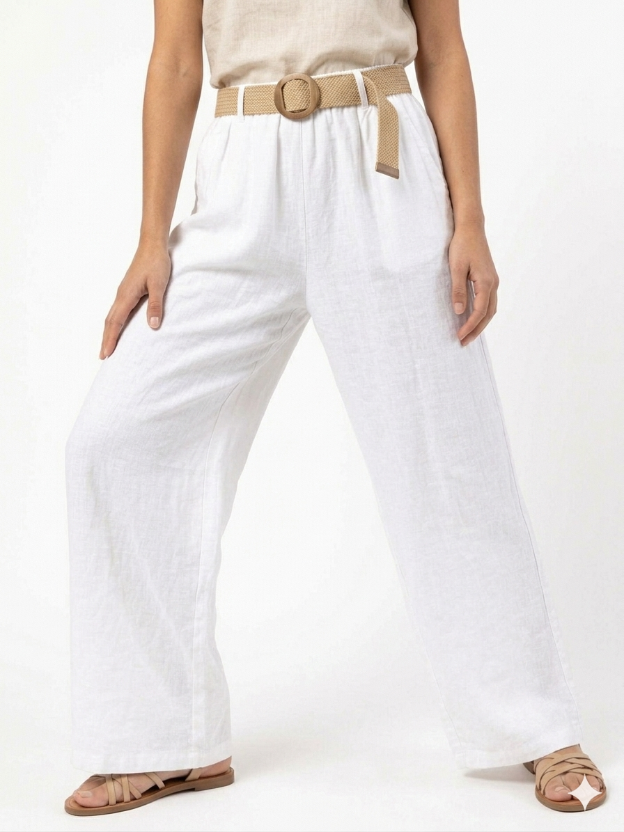 93989 ITALY HASIR KEMERLİ KETEN PANTOLON BEYAZ