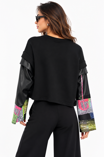 94429 KOLLARI DERİ DETAYLI FERMUARLI CROP CEKET SİYAH