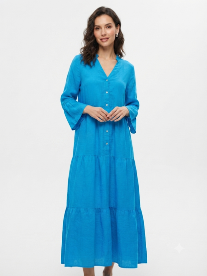 84949 ITALY KETEN DÜĞME DETAYLI ELBİSE MAVİ