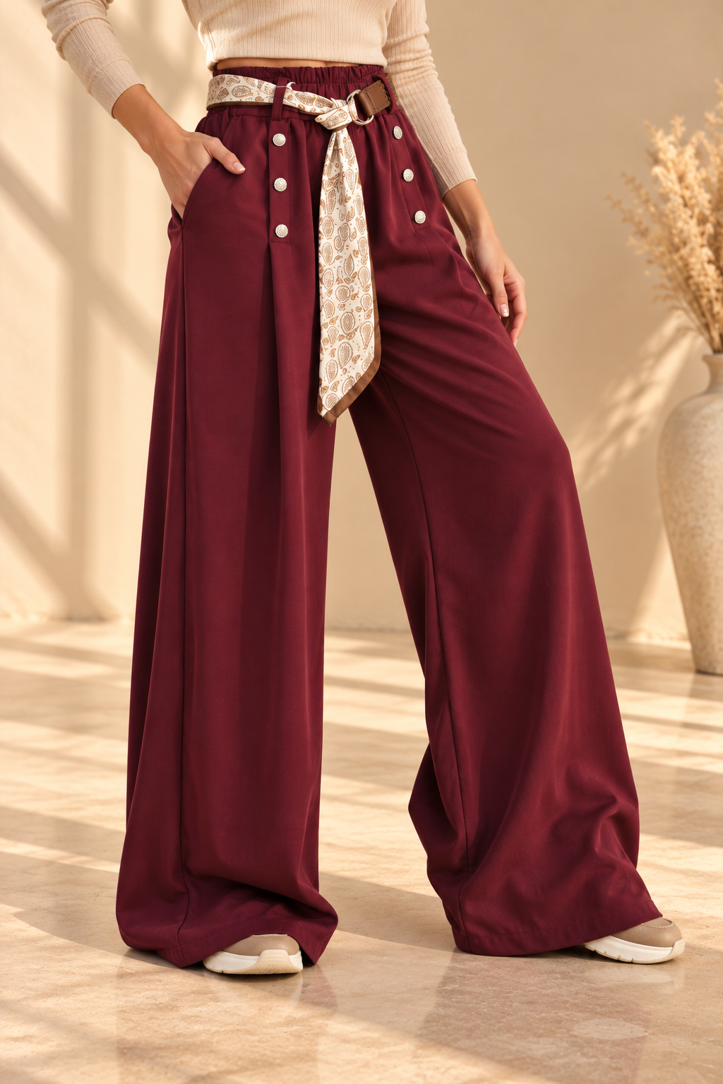 9425023 İTALYAN OYSHO KUMAŞ DÜĞMELİ PANTOLON BORDO