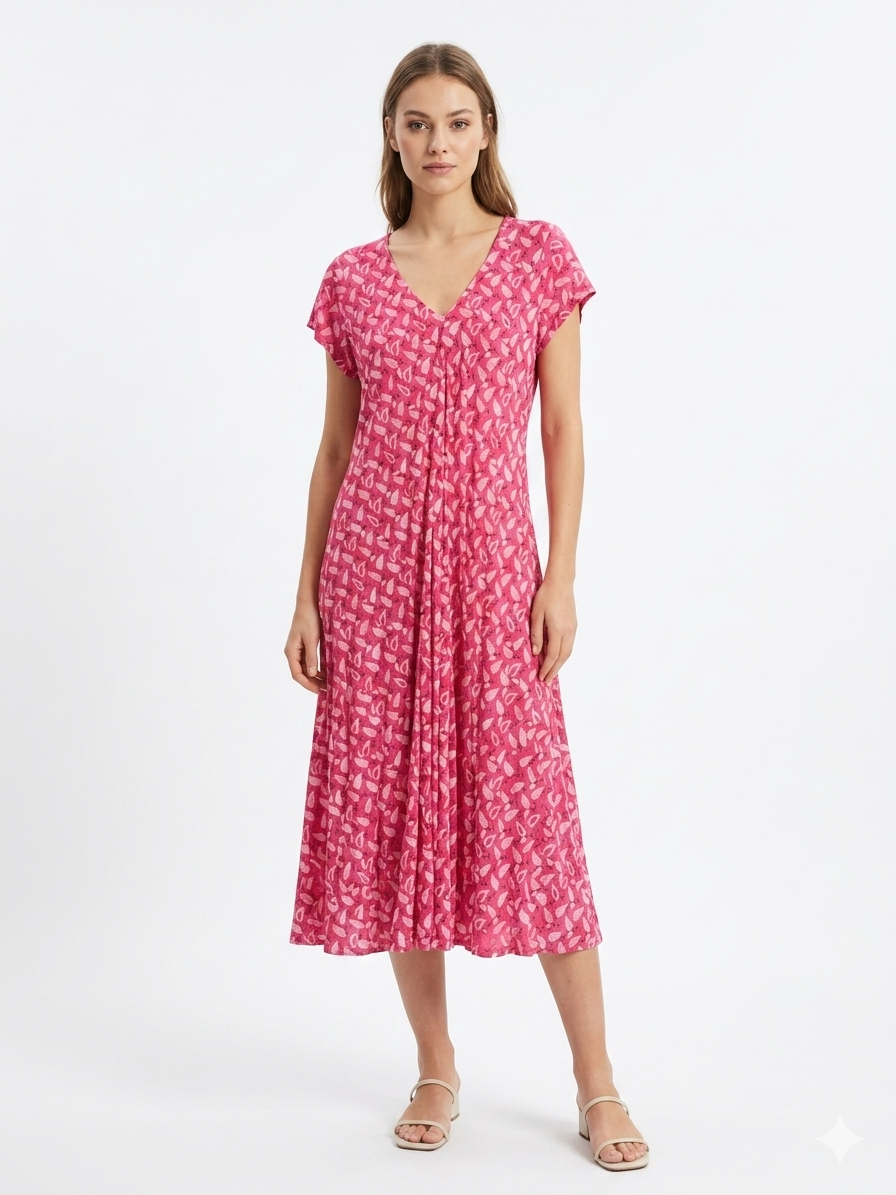 80385 YAPRAK DESEN KISA ELBİSE PEMBE