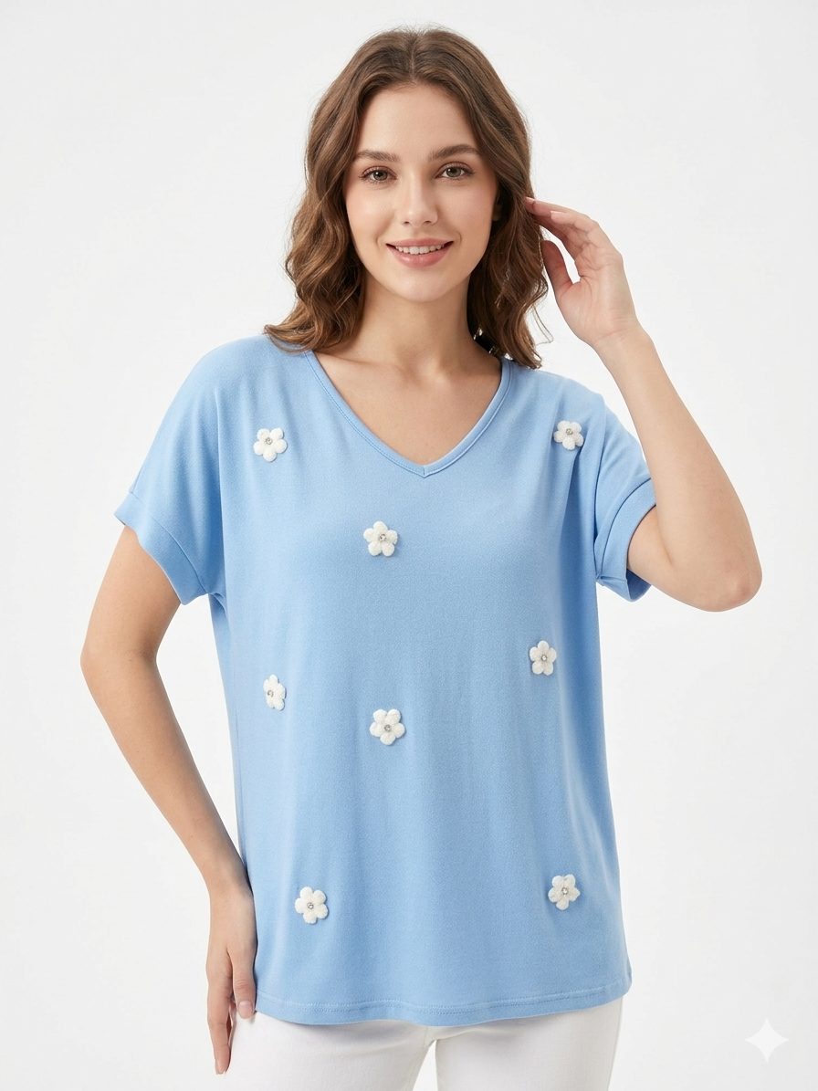 84680 ITALY ÇİÇEKLİ T-SHIRT MAVİ