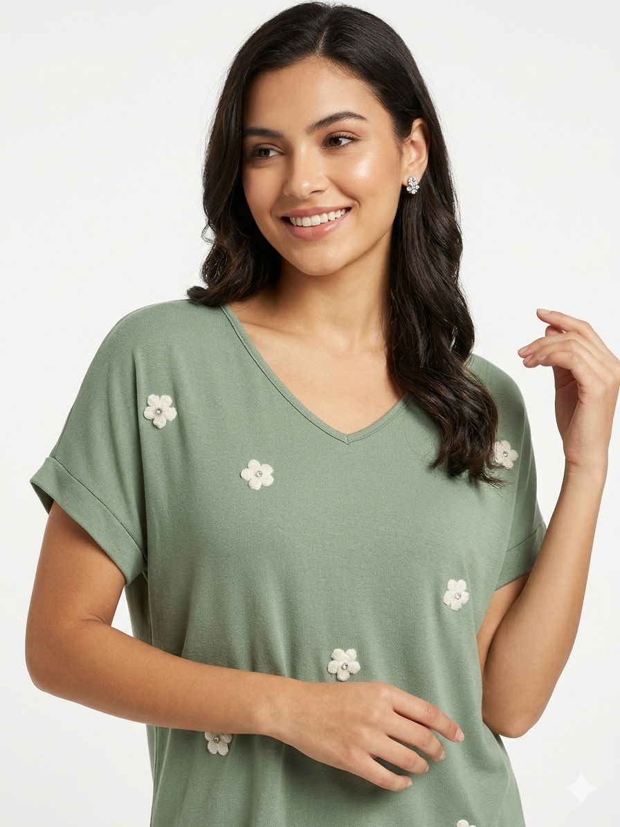 84680 ITALY ÇİÇEKLİ T-SHIRT YEŞİL
