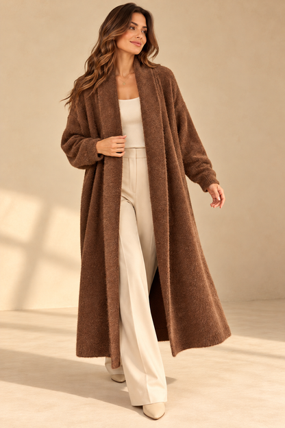 A92476 İTALYAN ANGORA DOKULU UZUN HIRKA KAHVERENGİ