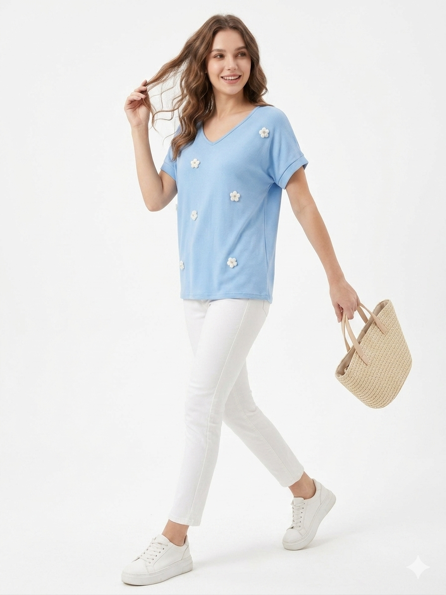 84680 ITALY ÇİÇEKLİ T-SHIRT MAVİ