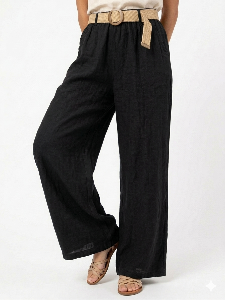 93989 ITALY HASIR KEMERLİ KETEN PANTOLON SİYAH