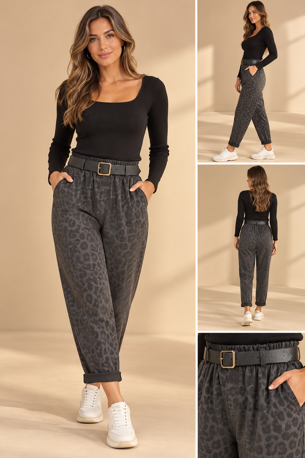 92272 LEOPAR DESEN SUNİ DERİ PANTOLON GRİ