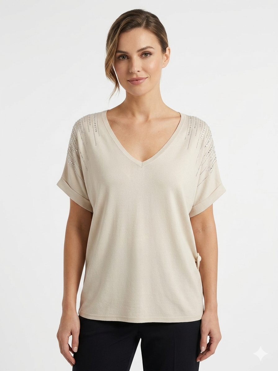 84956 ITALY TAŞLI T—SHIRT KREM