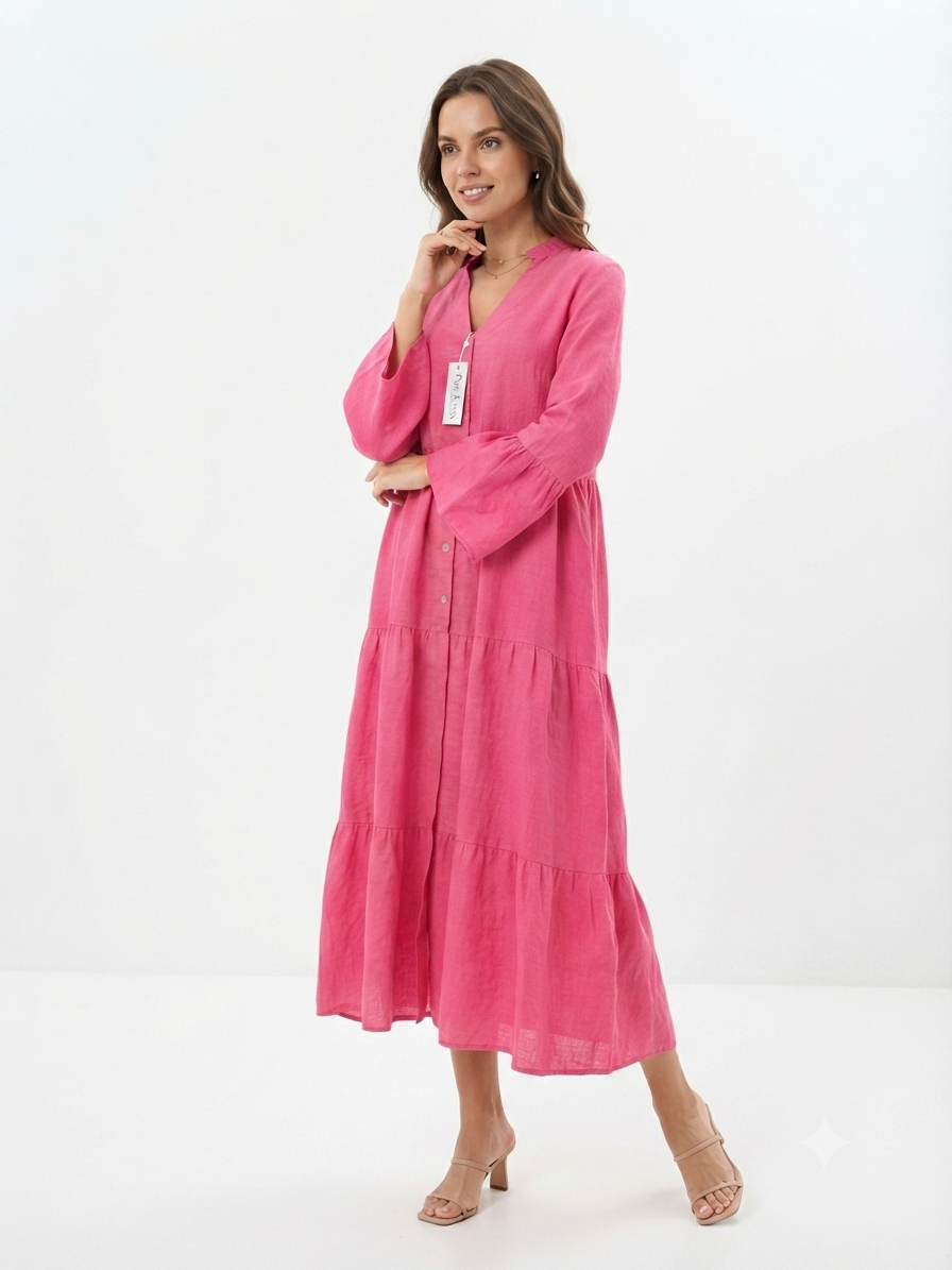 84949 ITALY KETEN DÜĞME DETAYLI ELBİSE PEMBE