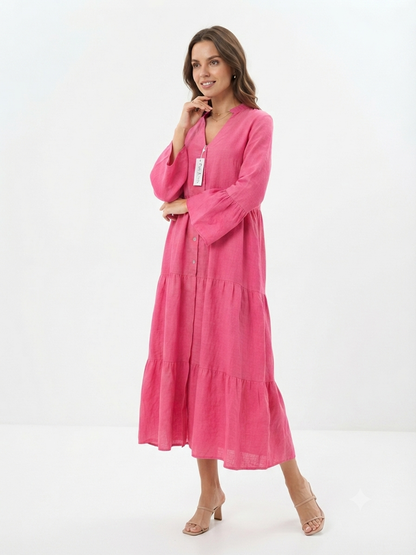 84949 ITALY KETEN DÜĞME DETAYLI ELBİSE PEMBE
