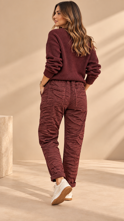 7654549 İTALYAN KIRIŞIK KADİFE KUMAŞ PANTOLON BORDO