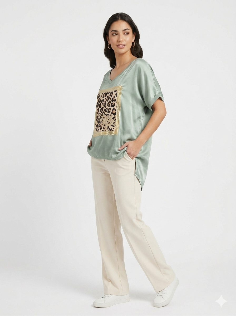85526 ITALY LEOPAR DESEN T-SHIRT YEŞİL
