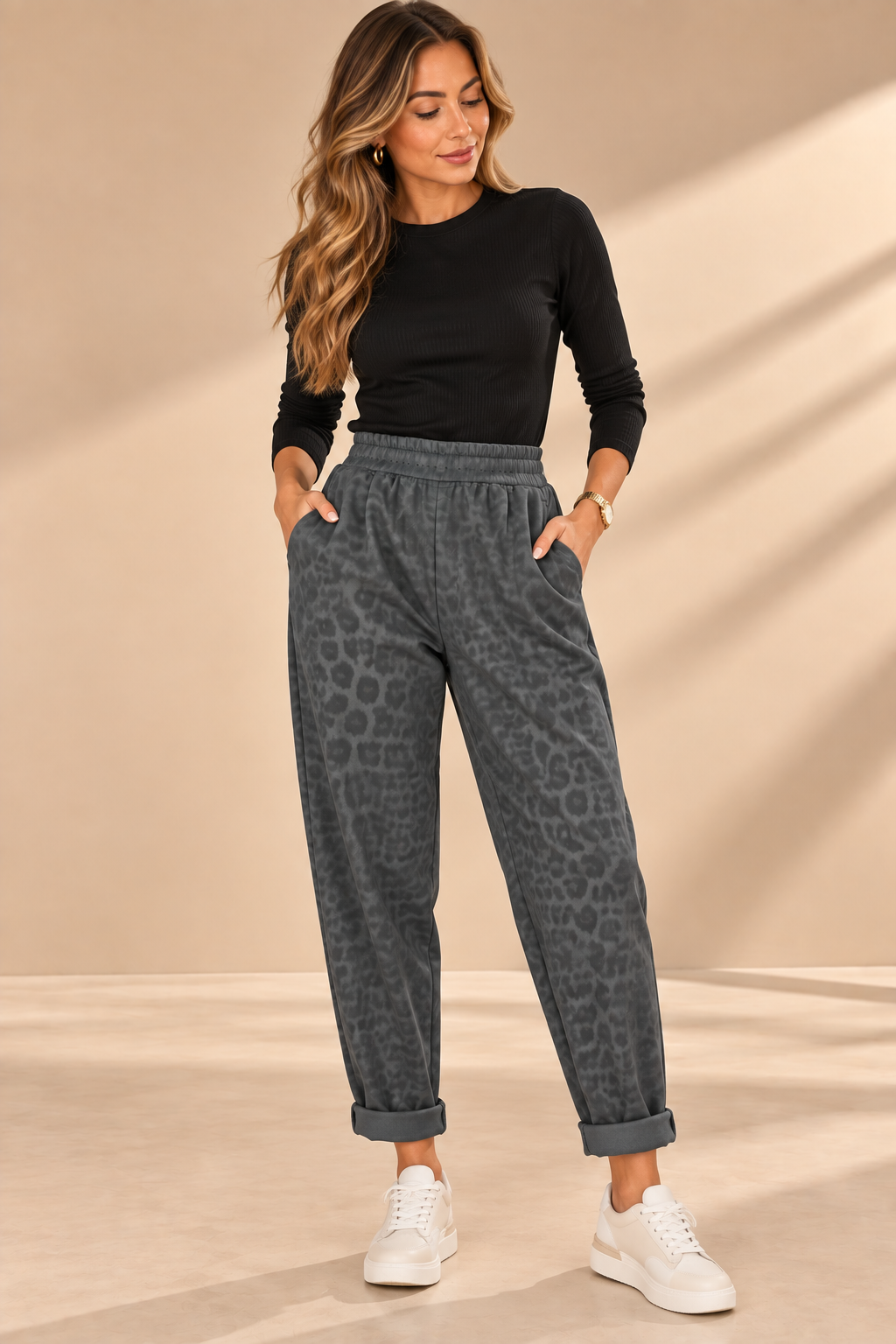 92272 LEOPAR DESEN SUNİ DERİ PANTOLON GRİ