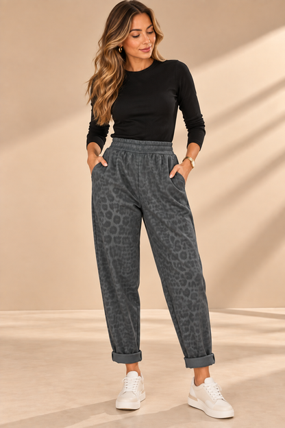 92272 LEOPAR DESEN SUNİ DERİ PANTOLON GRİ
