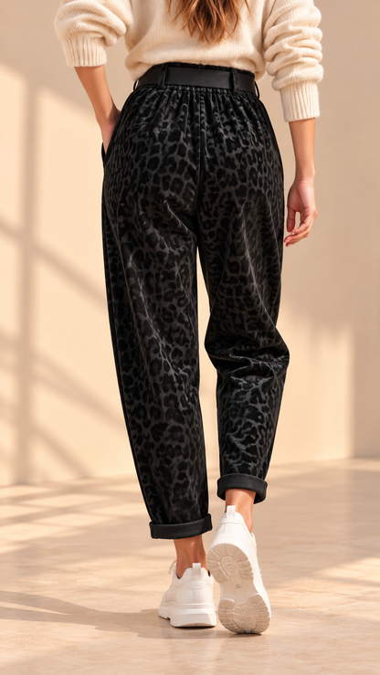 7738083 İTALYAN SUNİ DERİ LEOPAR DESEN PANTOLON SİYAH