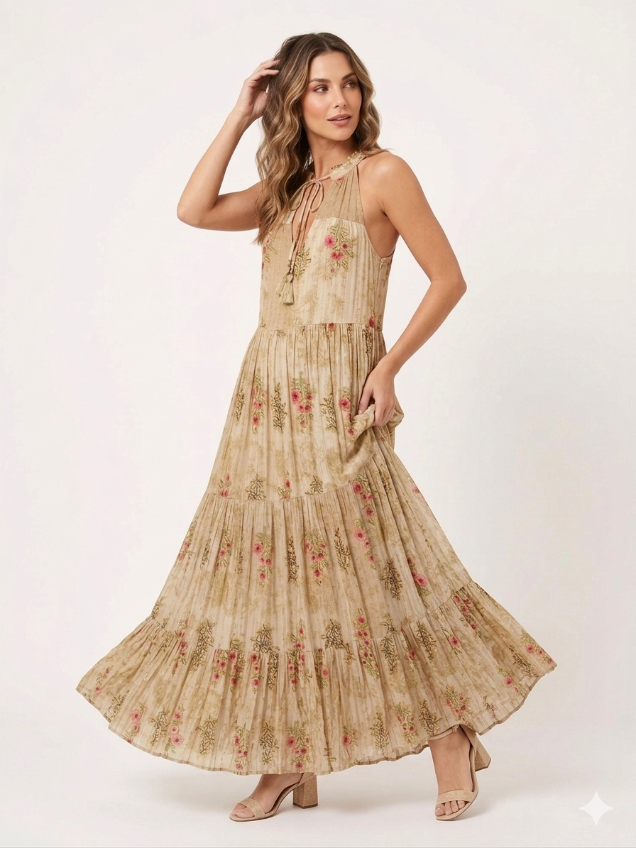89586 ETNİK DESEN HİNT ELBİSE KREM