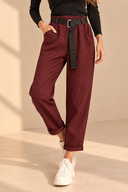 93132 İTALYAN TAŞLI KEMERLİ PANTOLON BORDO