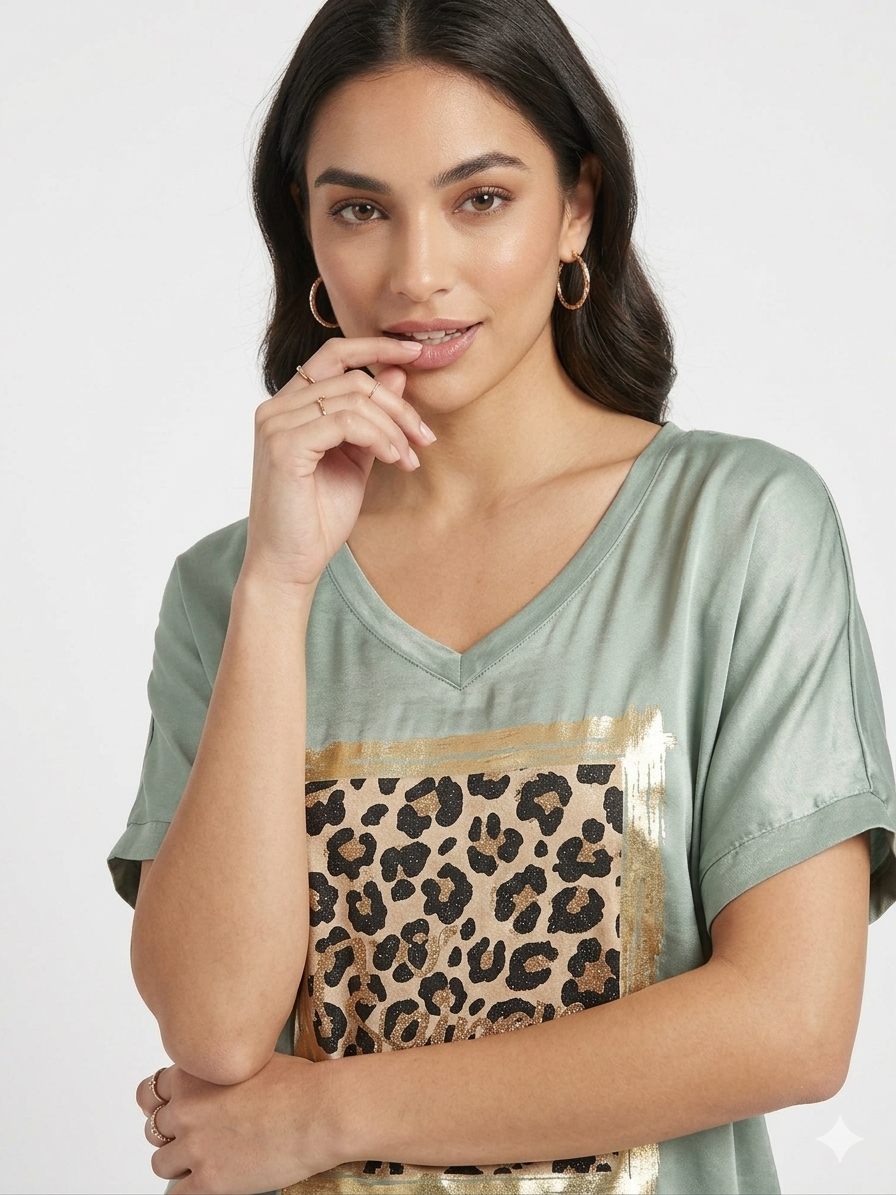 85526 ITALY LEOPAR DESEN T-SHIRT YEŞİL