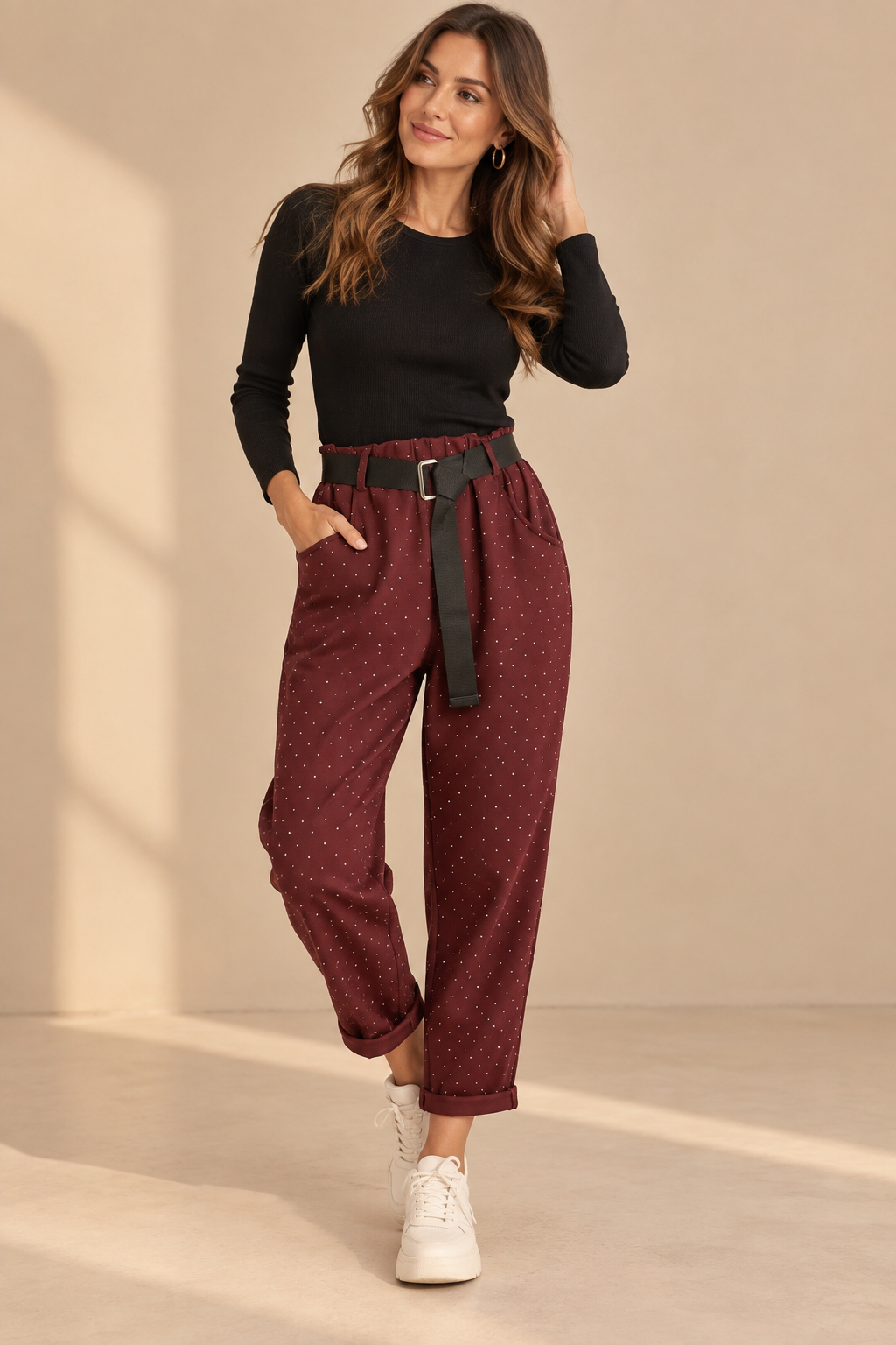 93132 İTALYAN TAŞLI KEMERLİ PANTOLON BORDO