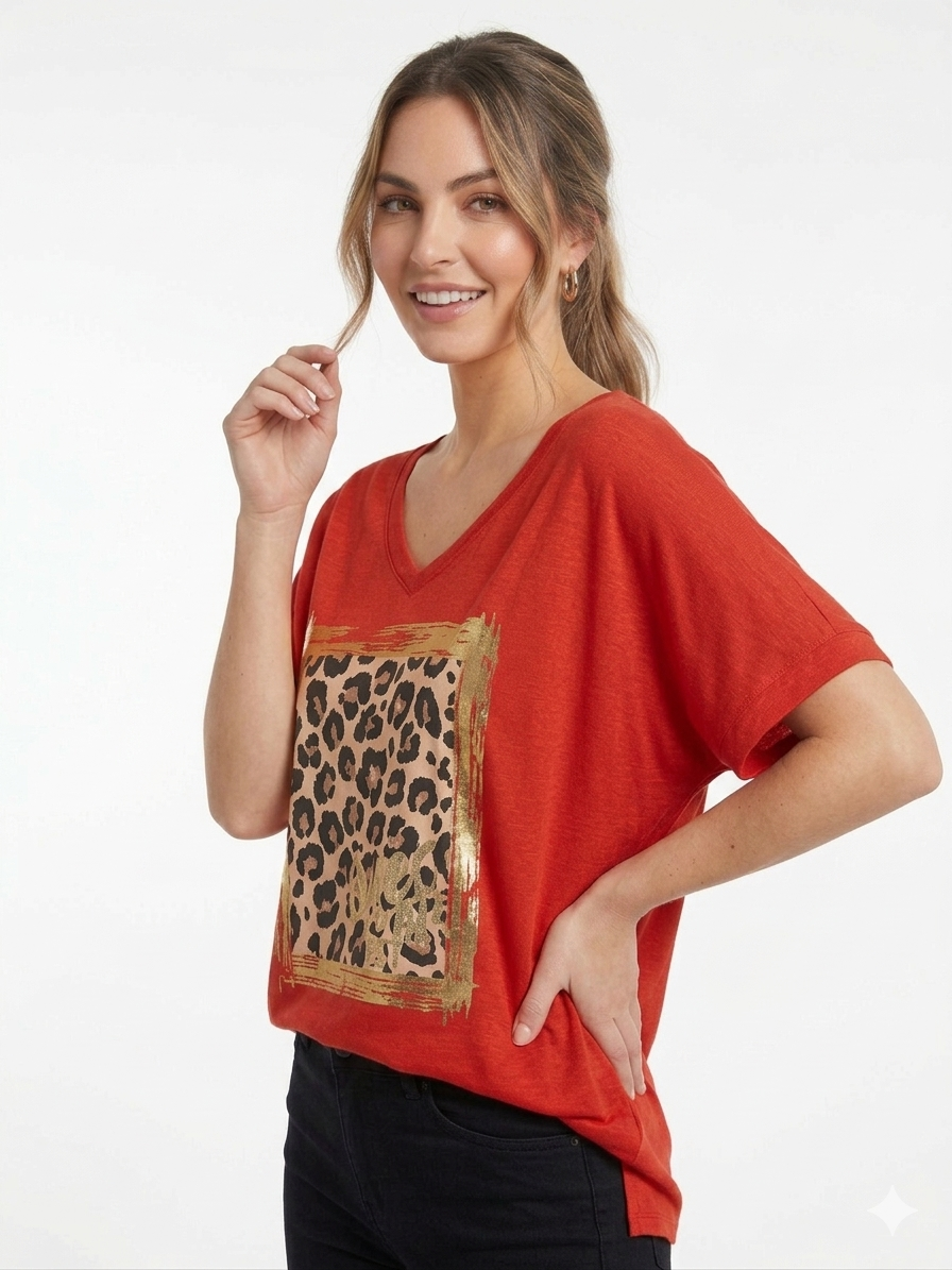 85526 ITALY LEOPAR DESEN T-SHIRT KIRMIZI