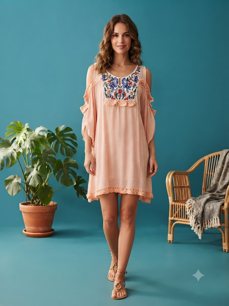 69984 ÖRGÜ DETAYLI MİNİ ELBİSE PEMBE