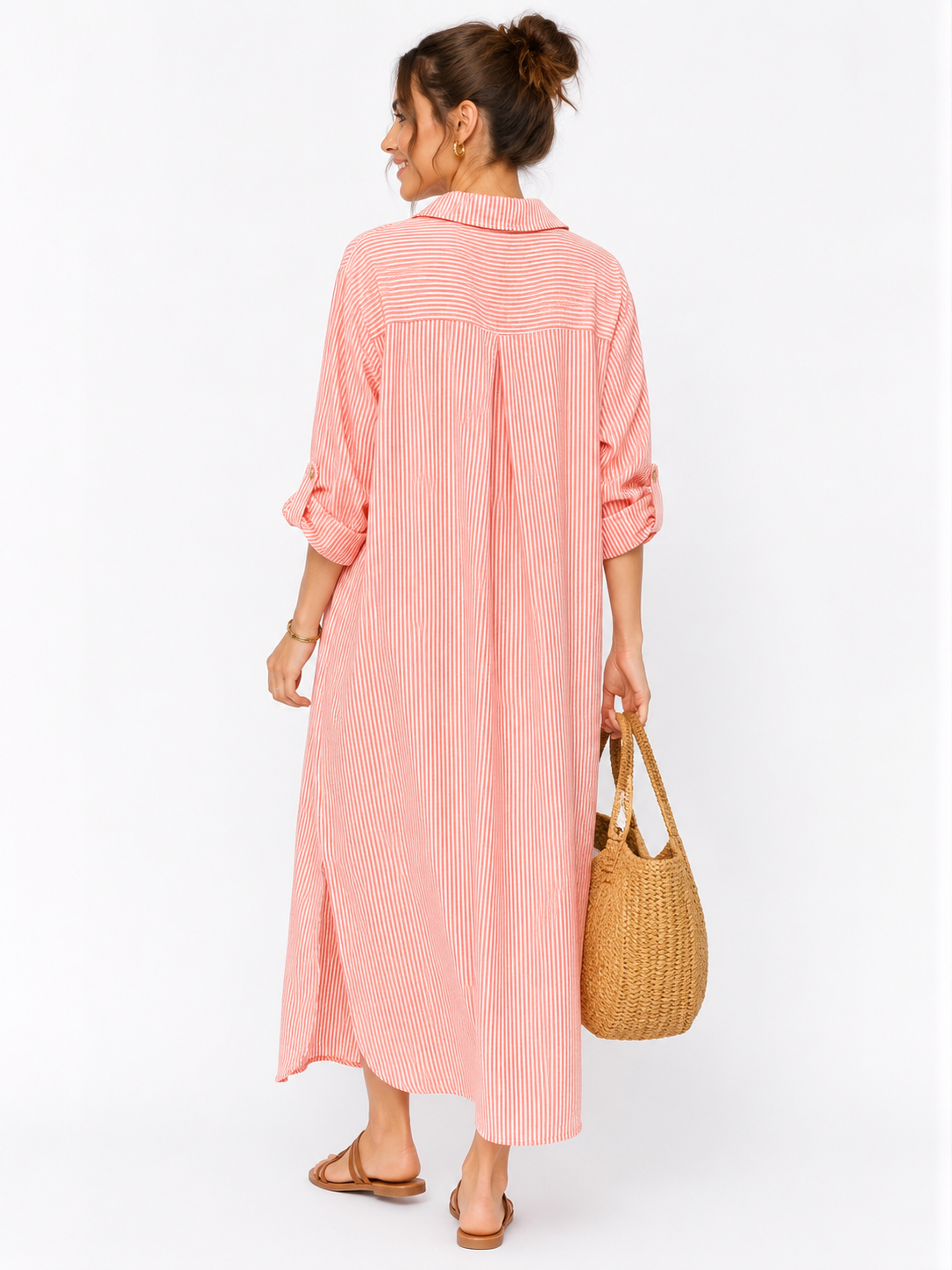 79587 ITALY ÇİZGİLİ GÖMLEK ELBİSE PEMBE