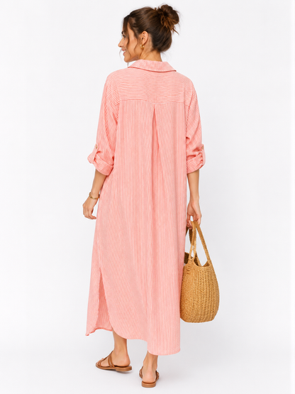 79587 ITALY ÇİZGİLİ GÖMLEK ELBİSE PEMBE
