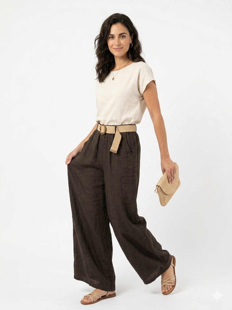 93989 ITALY HASIR KEMERLİ KETEN PANTOLON ACIKAHVE