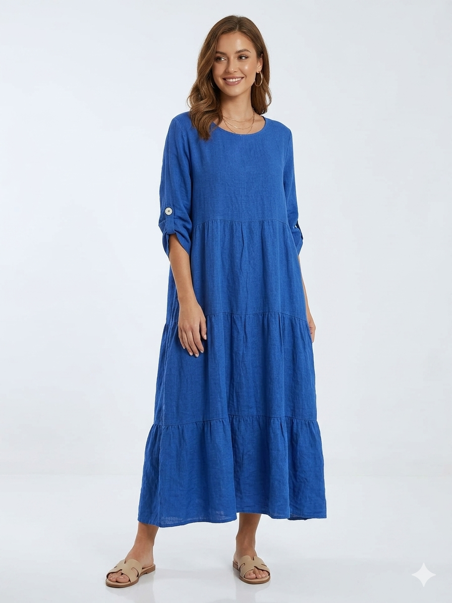 84949 ITALY KETEN ELBİSE SAKS MAVİSİ