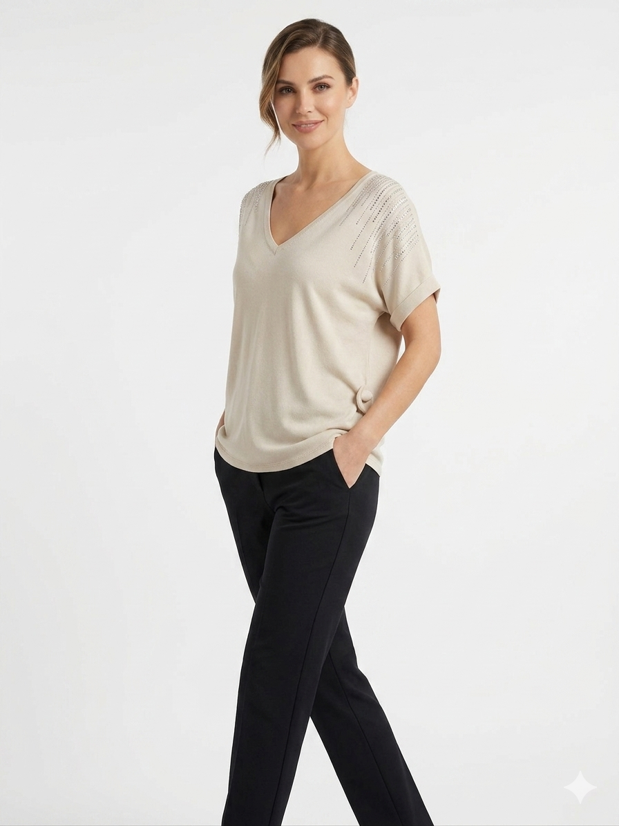 84956 ITALY TAŞLI T—SHIRT KREM