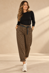 92272 LEOPAR DESEN SUNİ DERİ PANTOLON KAHVERENGİ